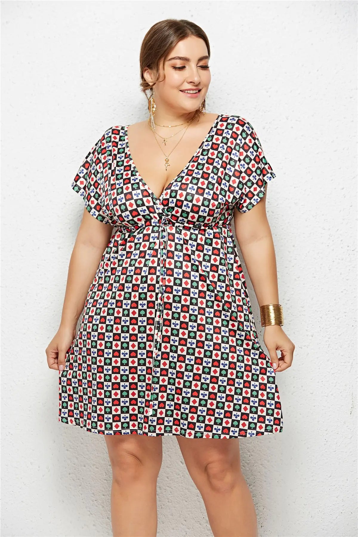 Elegant V-Neck Printed Elastic Dress