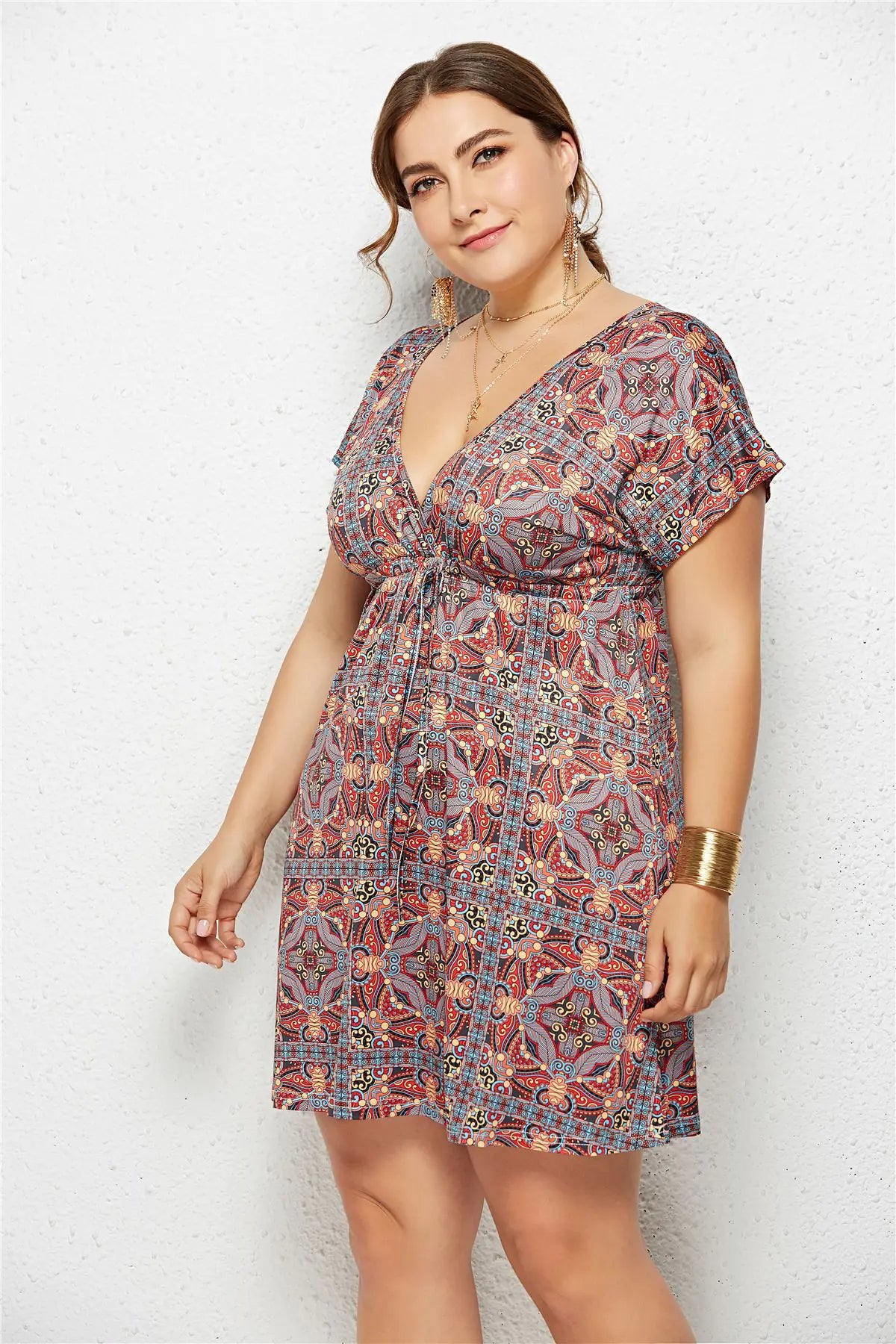Elegant V-Neck Printed Elastic Dress