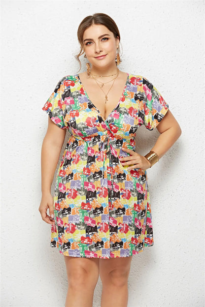 Elegant V-Neck Printed Elastic Dress