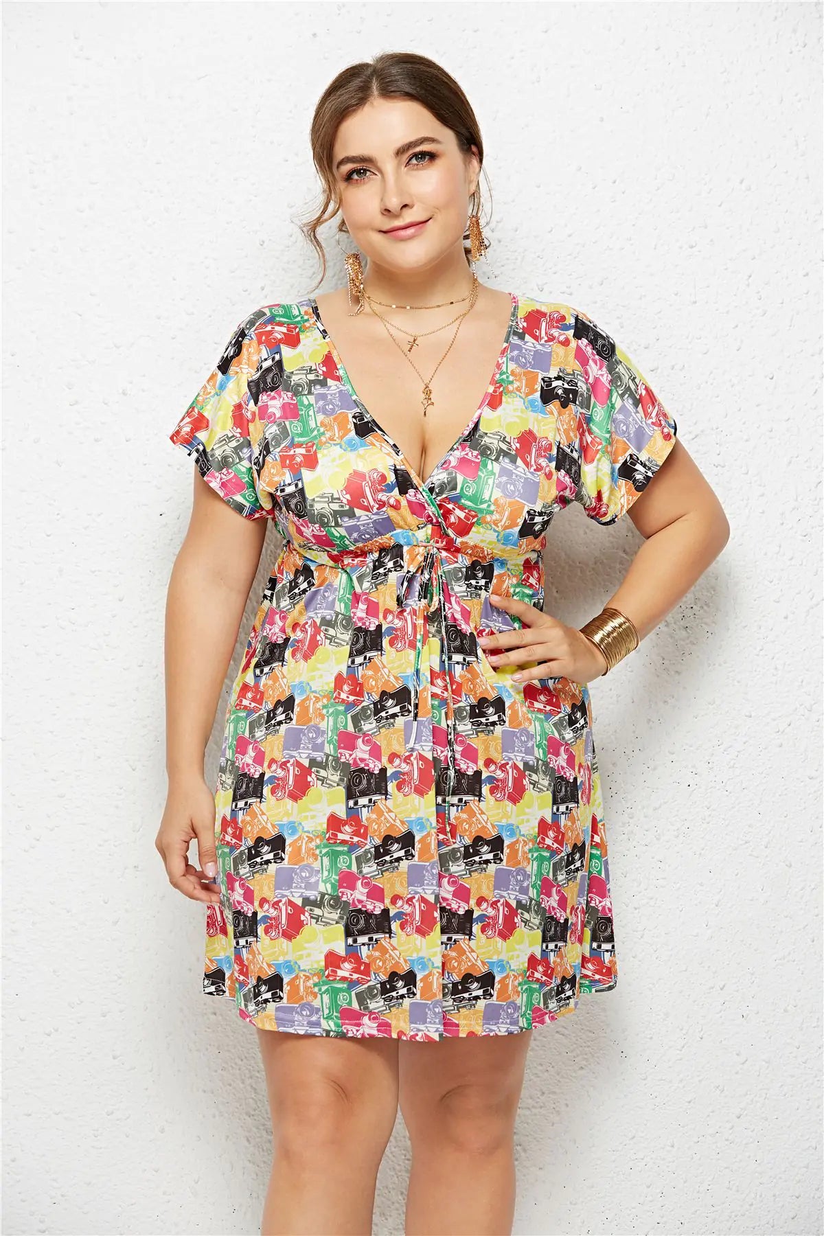 Elegant V-Neck Printed Elastic Dress
