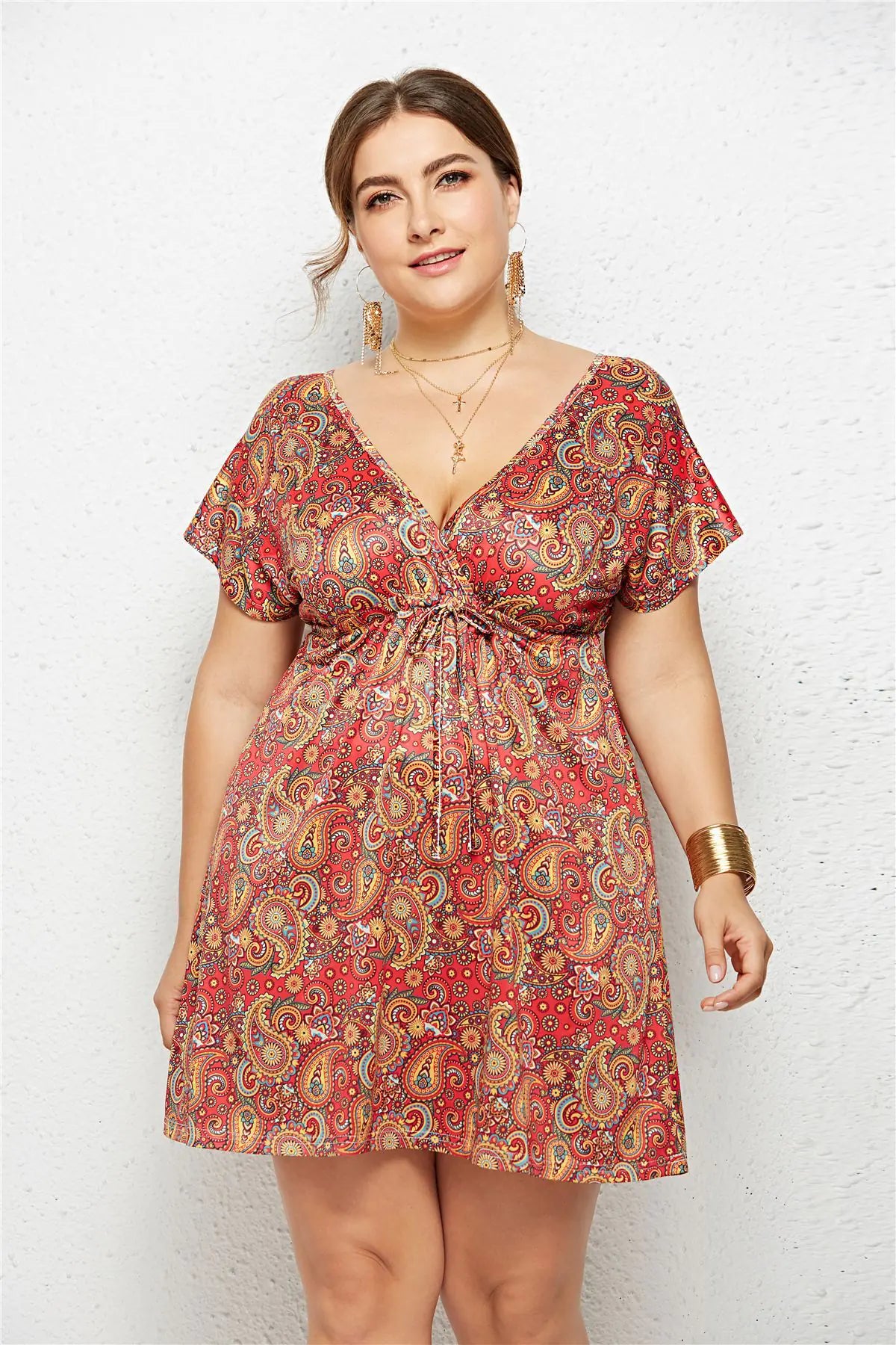 Elegant V-Neck Printed Elastic Dress